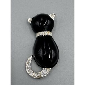 Vintage Roman Black Enameled Kitty Cat Brooch Curled Tail READ DETAILS